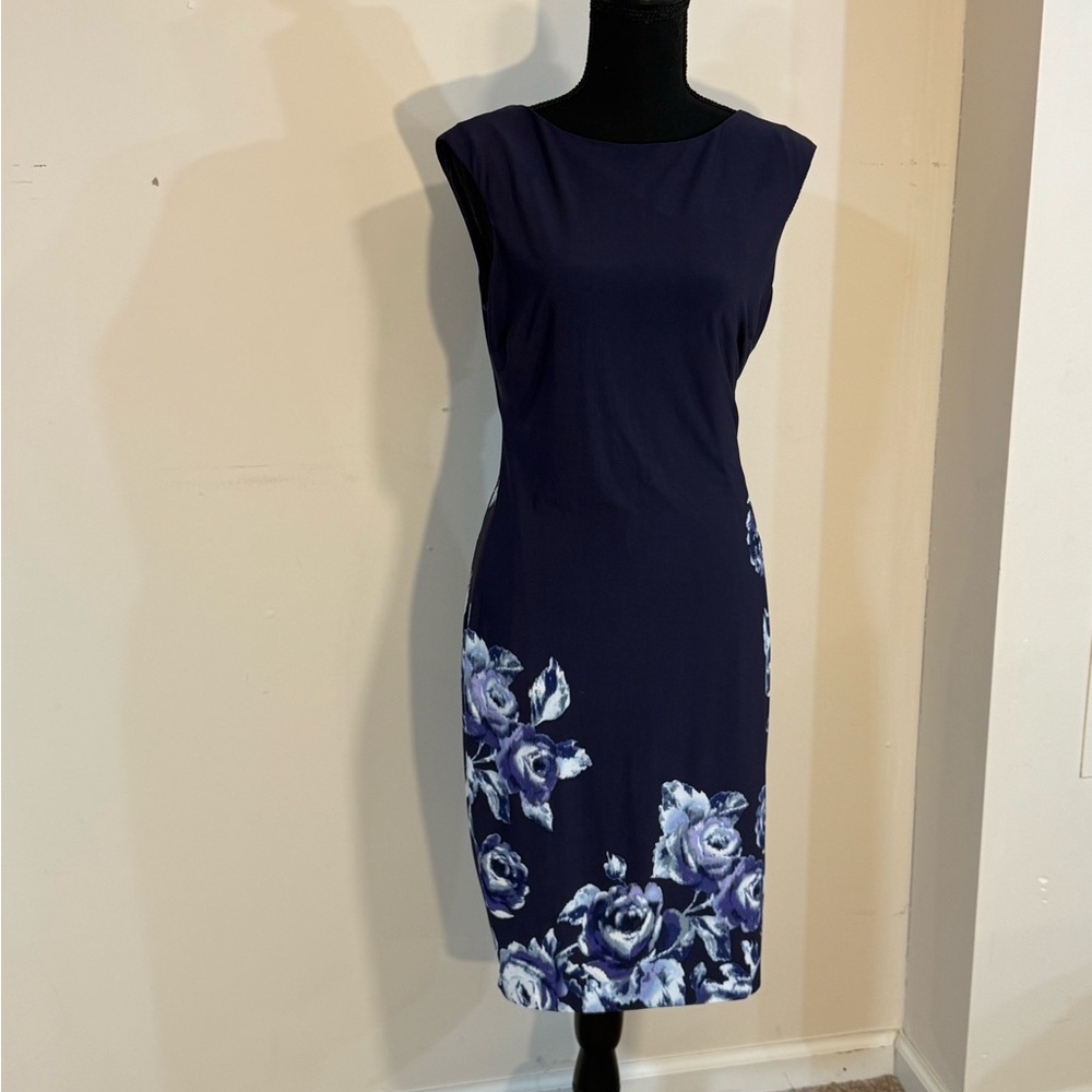 Cache Purple Blue Floral Jersey Midi Dress Size M
